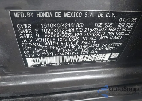 2025 Honda Hr-V 2Wd Ex-L from USA, damaged, VIN 3CZRZ1H78SM744251